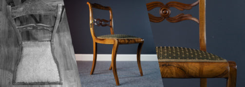 Restaurierungsprozess eines Biedermeier Stuhles mit vorher und danach Bildern