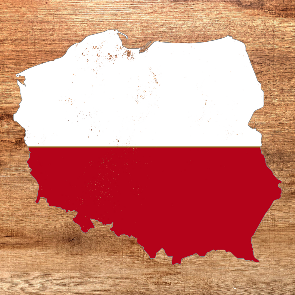 Polnische Flagge mit Holz Hintergrund. Handwerk im Möbelbau